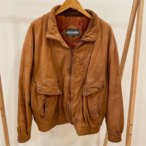 Vintage Leather Members Only Aviator Bomber Flight Jacket in Caramel Brown - Picture 2 of 6